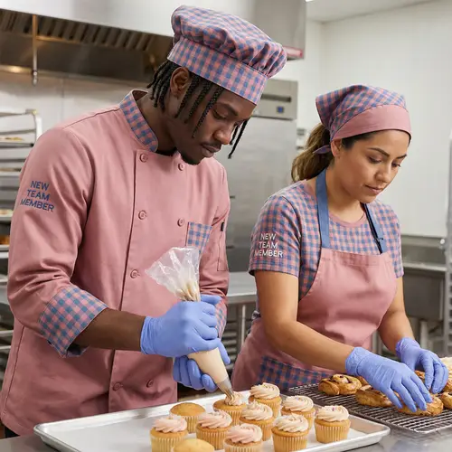 Stylish Pastry Chef Uniforms in Pink and Blue