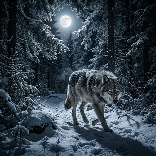 Grey Wolf in Pine Forest with Snow | Nocturnal Wildlife Scene