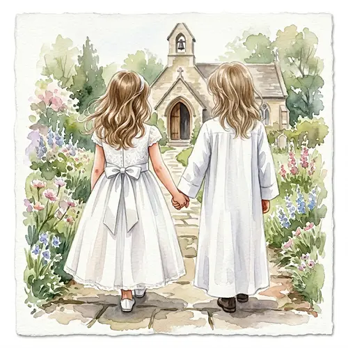 Watercolor Painting of Boy and Girl in Communion Dresses