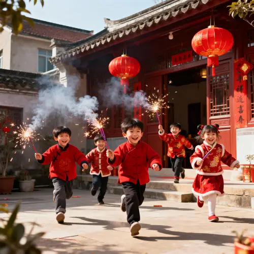 Chinese New Year Celebration: Kids with Fire Crackers