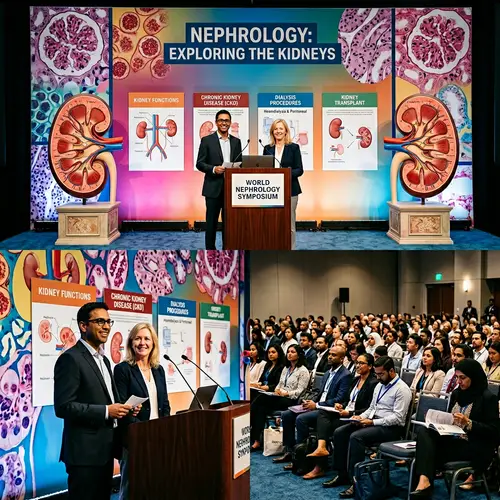 Nephrology Stage Decor: Kidney Models, Cell Views & Speakers
