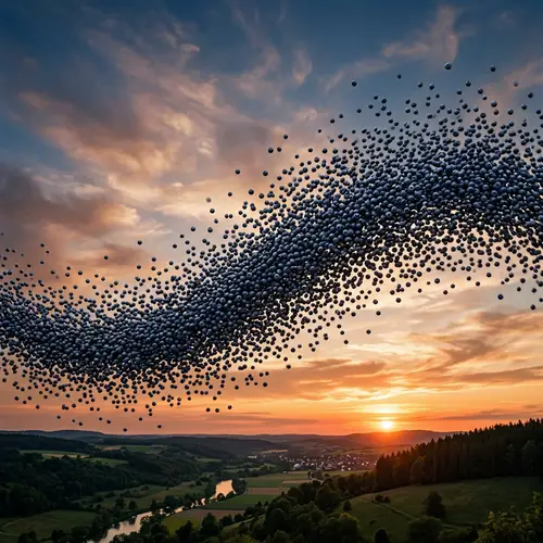 Large Flock of Blueberries Flying in the Sky