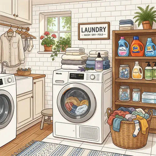 Modern Laundry Room Scene with Dryer and Towels