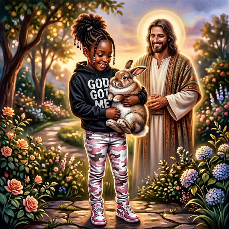 Realistic Airbrush Style Image of Young Black Girl in 'God Got Me' Hoodie with Jesus and Fluffy Rabbit