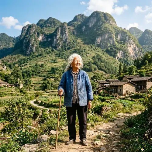 Elderly Asian Woman Standing Strong in Rural Chinese Mountain Setting