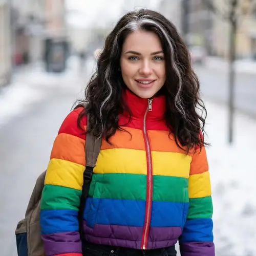 Stunning 21-Year-Old Mixed Descent Woman in Colorful Winter Jacket