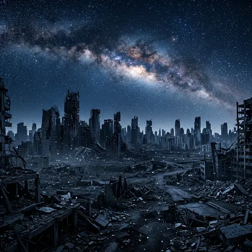 Ruined City Nightscape: A Starry Panoramic View