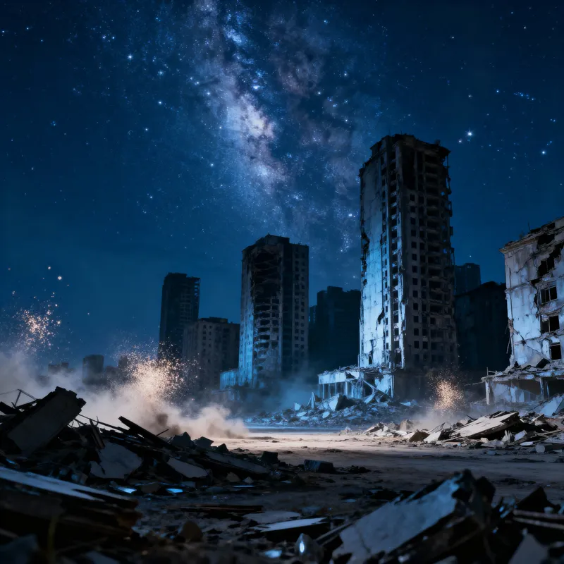 Ruined City Nightscape: A Starry Panoramic View