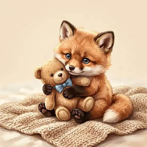 Adorable Fox Cub Hugging a Teddy Bear