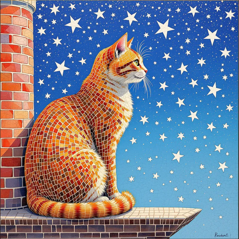 Vibrant Mosaic Art of an Orange Tabby Cat