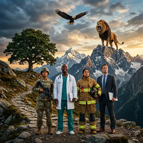 Diverse Leadership Symbolism: Lion, Eagle, Tree & Multiethnic Figures