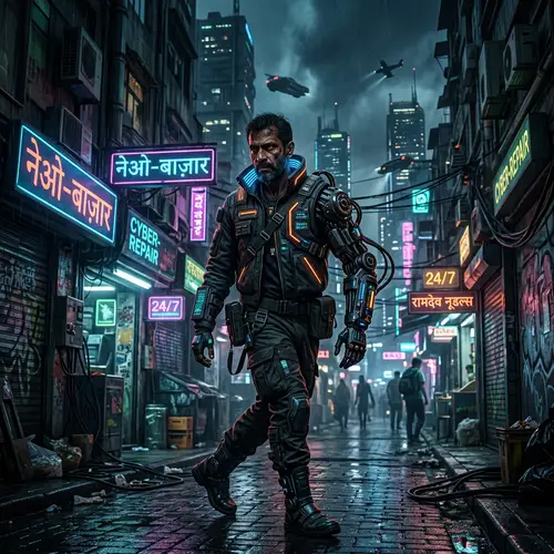 Cyberpunk Scene: South Asian Man in Neon-lit City