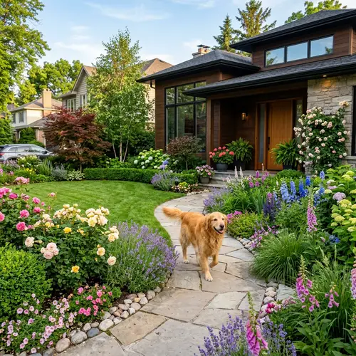 Detailed & Realistic Modern Home with English Garden & Golden Retriever