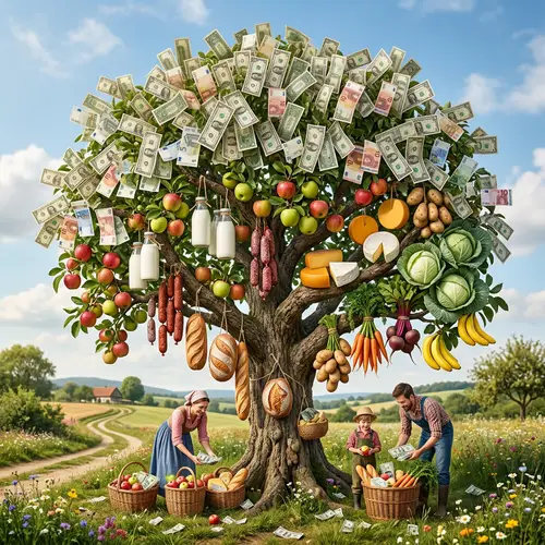 Whimsical Tree of Food and Currency