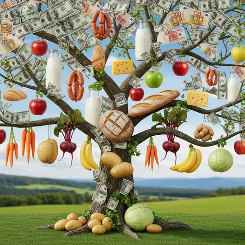 Whimsical Tree of Food and Currency