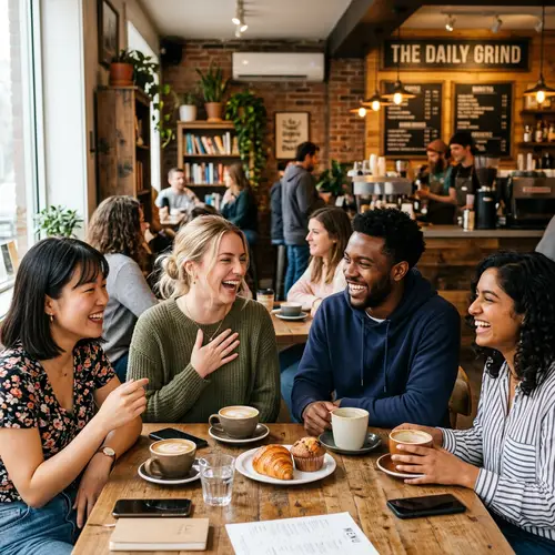 Cheerful Café Scene with Multicultural Friends Smiling