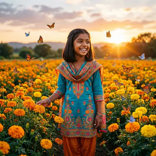 Young South Asian Girl in Colorful Traditional Dress Smiling in Marigold Field