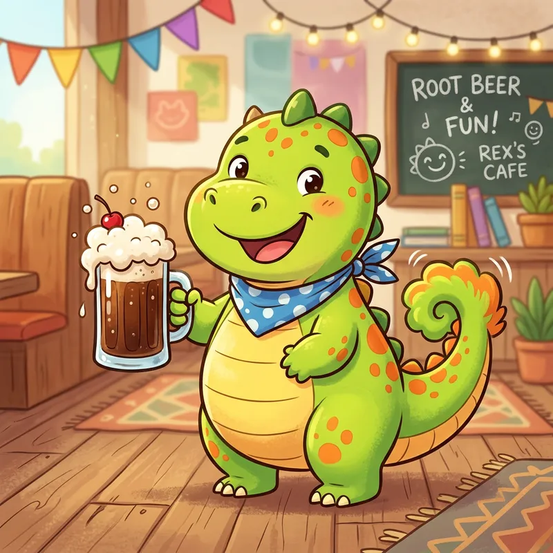 Cute Cartoon Rex with Frothy Root Beer