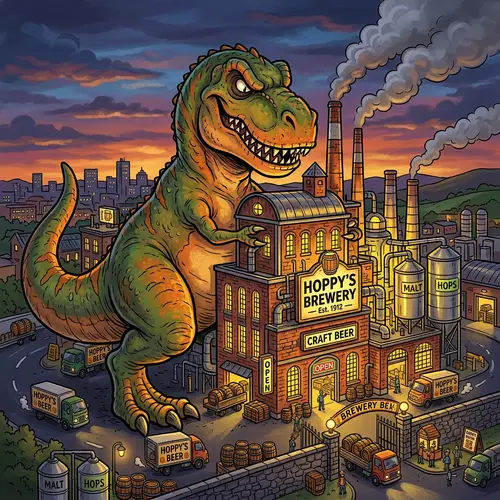 Evil Cartoon Dinosaur Embracing Beer Factory - Unique Illustration