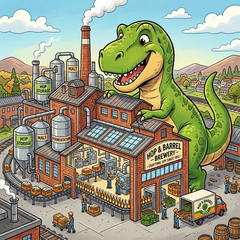 Giant Cartoon T-Rex Embracing Beer Factory
