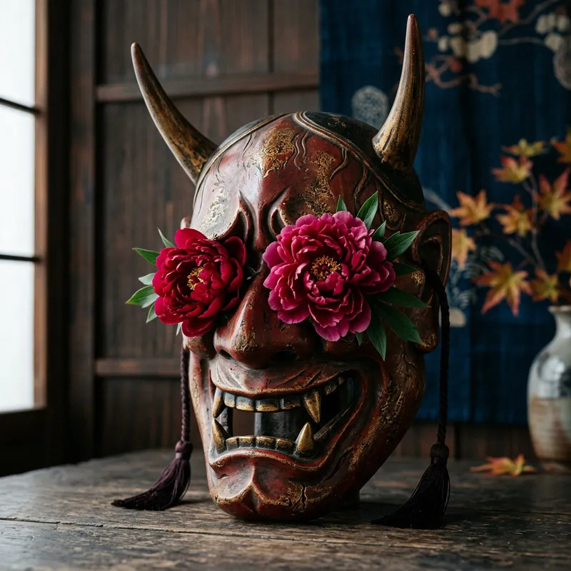 Japanese Demon Hannya Mask with Peonies as Eyes