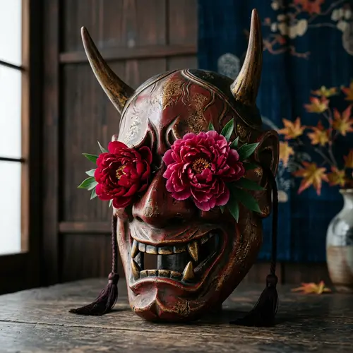 Japanese Demon Hannya Mask with Peony Eyes
