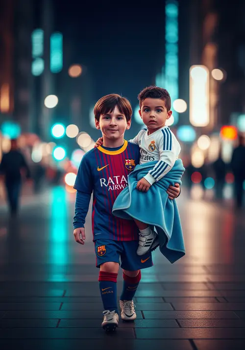 Cinematic Street Scene with Young Ronaldo and Messi