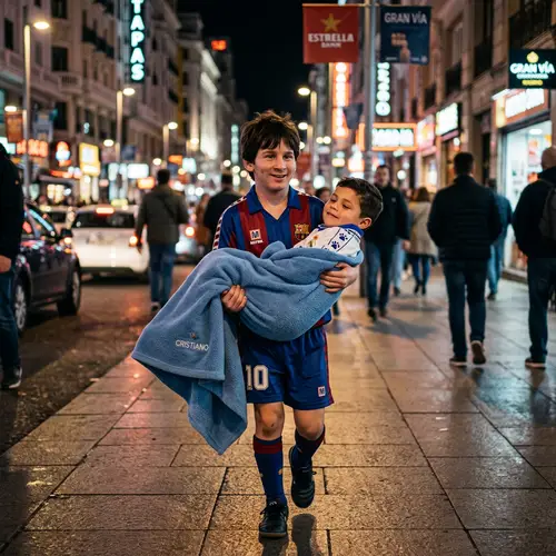 Cinematic Street Scene with Young Ronaldo and Messi