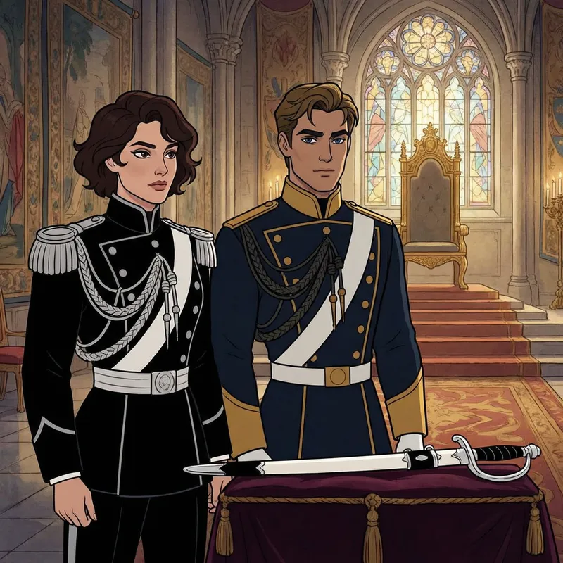 Regal Public Figures in Opulent Palace | Animated Fairy Tale Style
