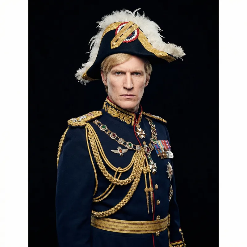Captivating Blonde Individual with Commanding Presence in Opulent Military Uniform