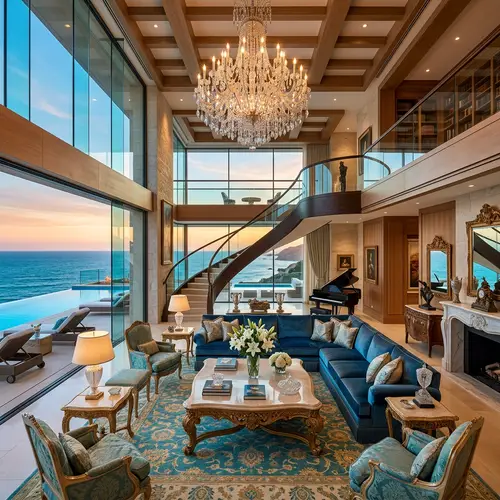Luxurious Seaside Villa with High Living Room and Lavish Furniture