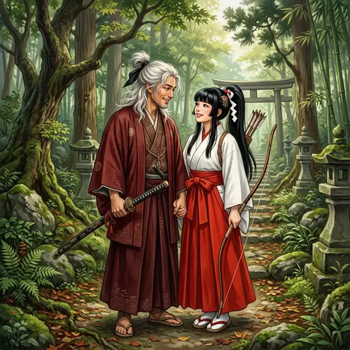 Ancient Japanese Couple in Romantic Forest - Kikyo and Inuyasha