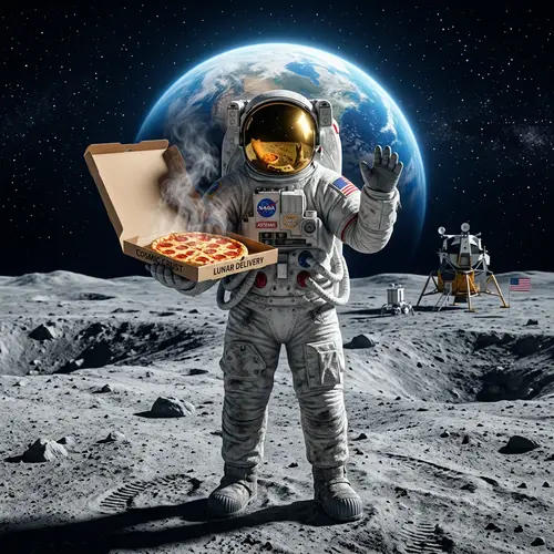 Realistic Astronaut on Moon with Hot Pizza | Lunar Landscape Scene