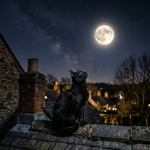 Black Cat Gazing at Moon