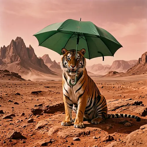 Tiger on Mars with Green Umbrella: Mesmerizing Martian Scene