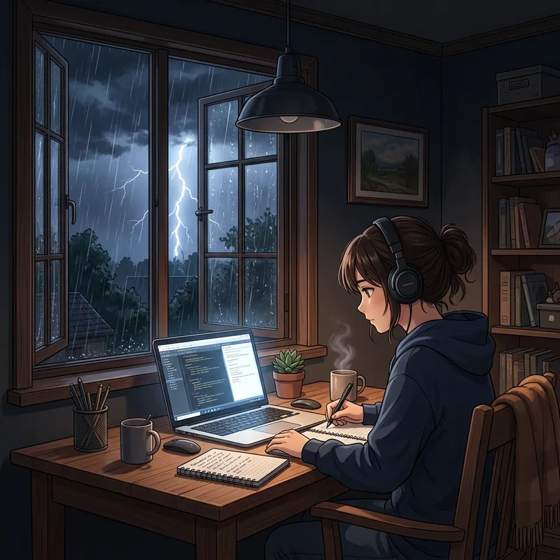 Cozy Room Digital Illustration: Young Woman Working on Laptop During Stormy Night