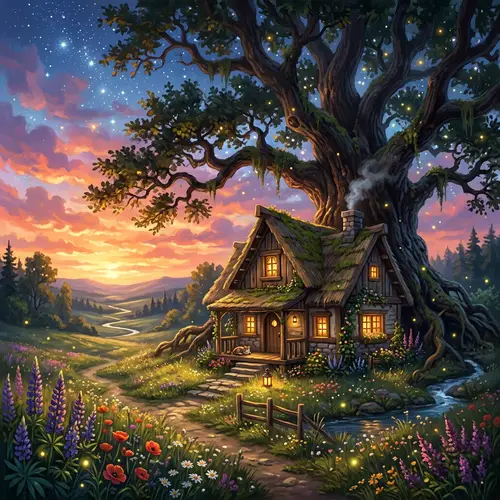 Enchanting Wooden Cottage in Magical Twilight Setting