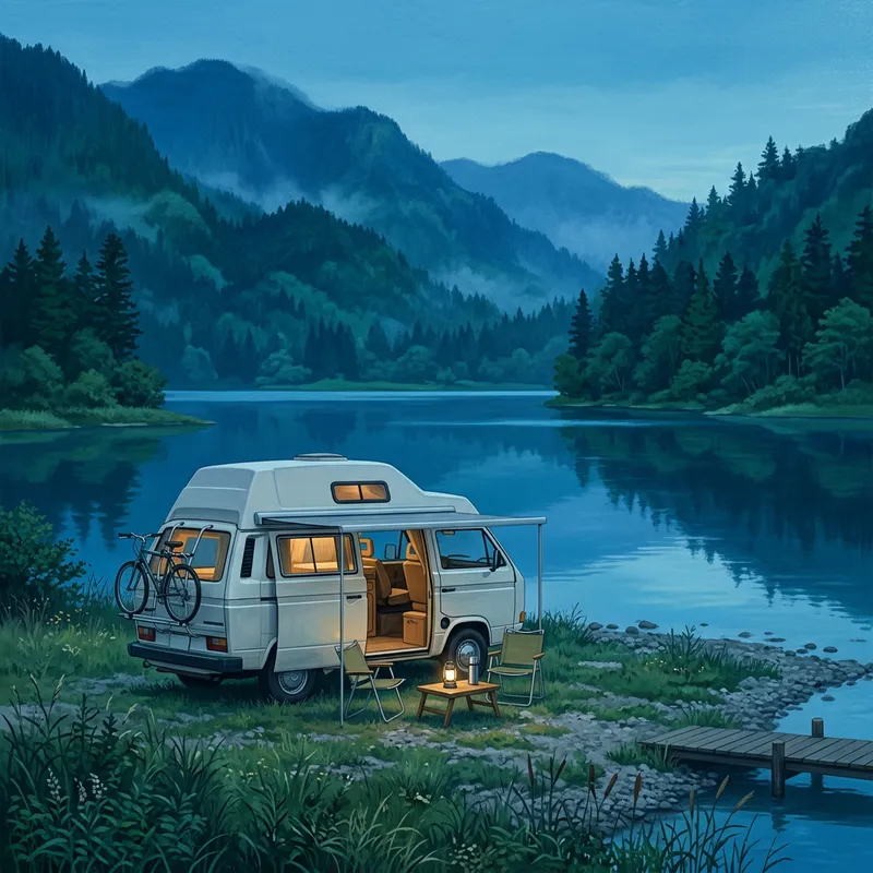 Camper Van by Lake - Computer Art by Kaii Higashiyama