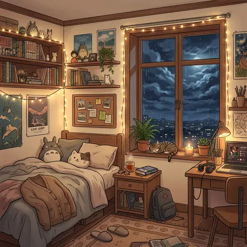 Cozy Anime Bedroom at Night with Cloudy Sky View