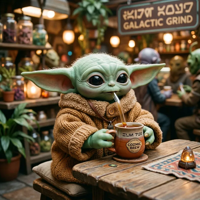 Cute Baby Yoda Sipping Through Straw