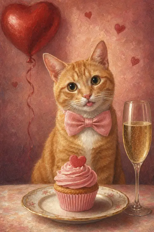Charming Cat with Cupcake - Oil Painting Art