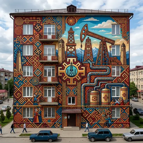 Ingush Ornament & Oil Production Mural on Five-Story Building