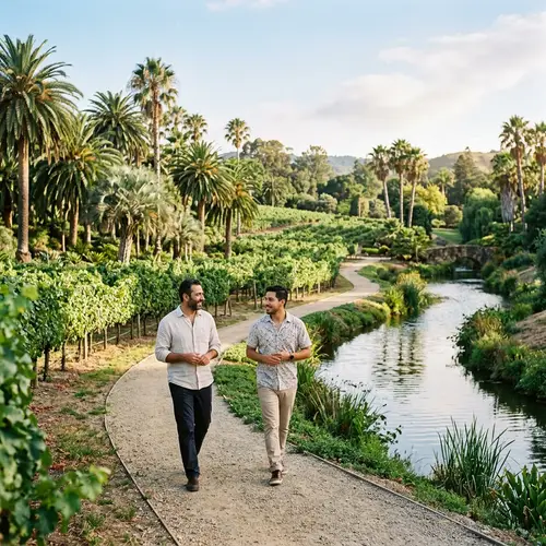 Men Walking in Lush Garden with Palm Trees & Rivers