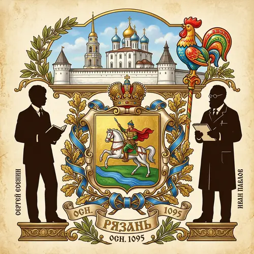 Ryazan Coat of Arms with Esenin and Pavlov Silhouettes