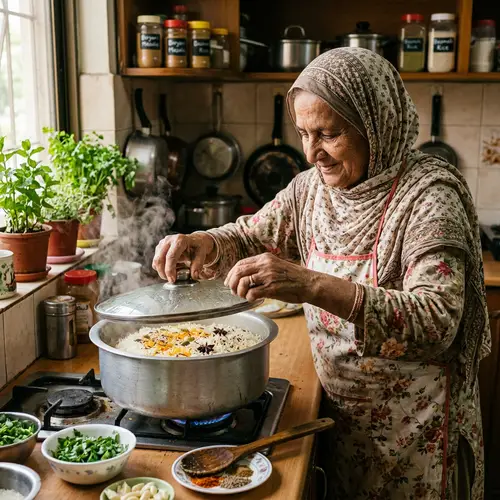 Elderly Muslim Woman Cooking Rice with Aromatic Spices