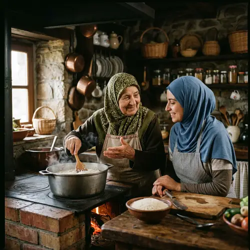 Muslim Grandmother Cooking Rice in Rustic Kitchen