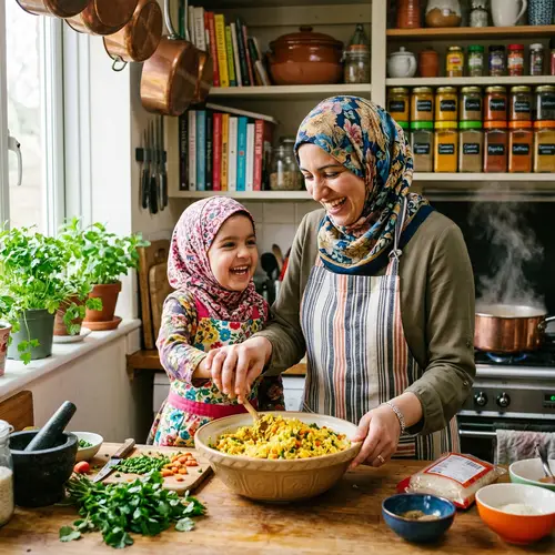 Muslim Woman & Daughter Making Rice: Joyful Kitchen Scene