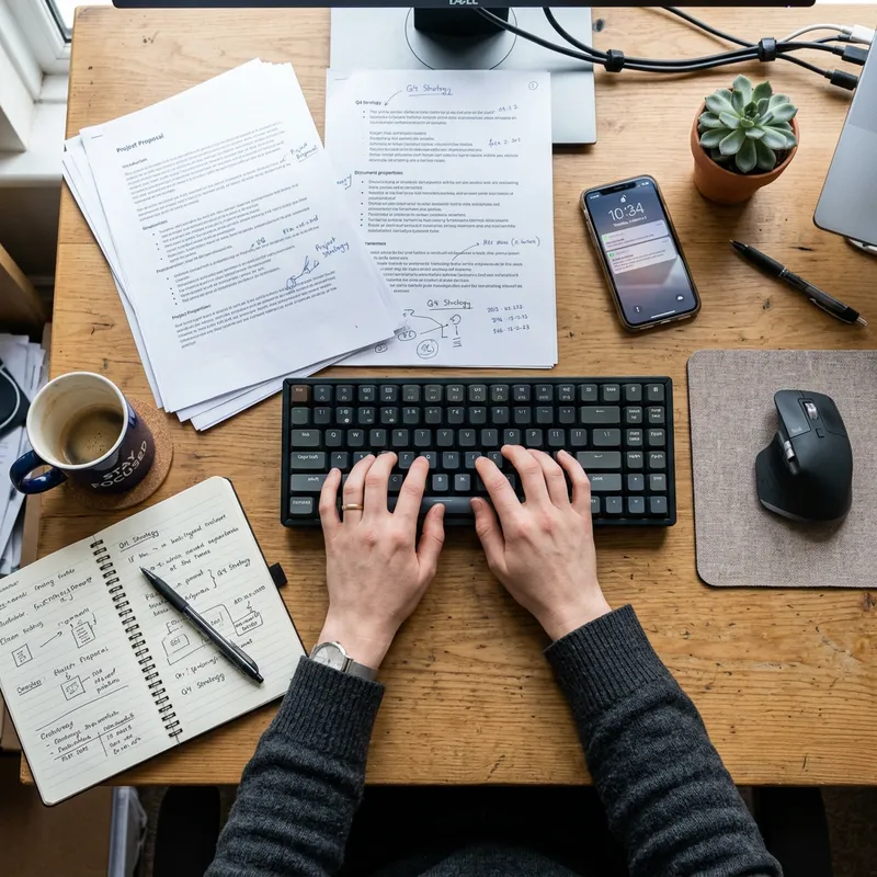 Realistic Desk Scene with Typing Hands Realistic Desk Scene with Typing Hands