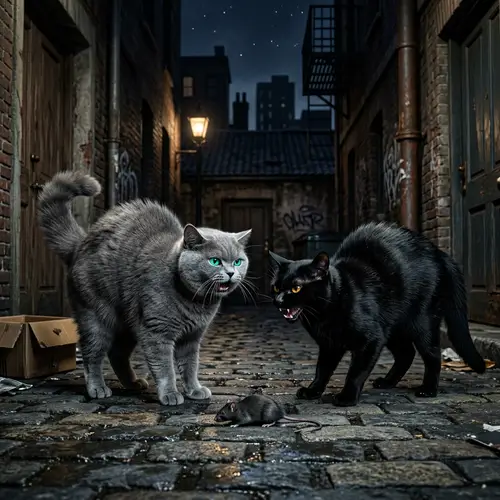 Feline Rivalry: Nighttime Showdown Between Grey British Shorthair and Black Bombay Cats