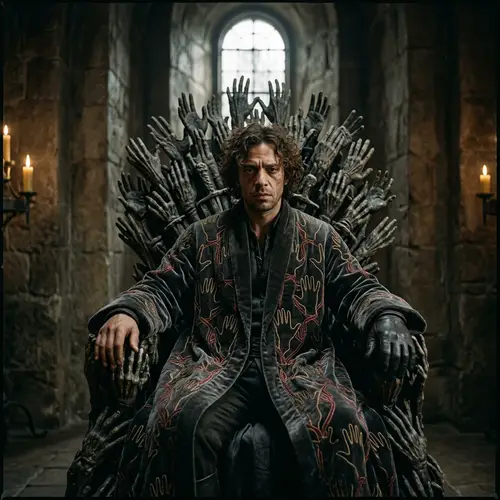 Ambiguous Figure on Eerie Throne - Surreal Artwork